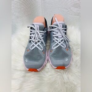 On Running Women's Athletic Shoes - Gray and Pink with Orange Accents